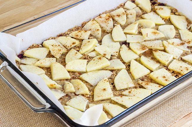 Apple Pie healthy oatmeal bars prepared and ready to put into the oven to bake