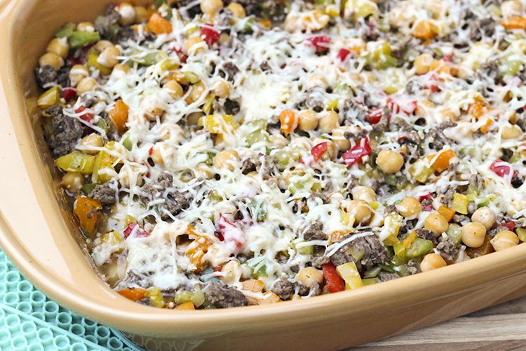Large baking dish filled with Italian beef peppers and cheese