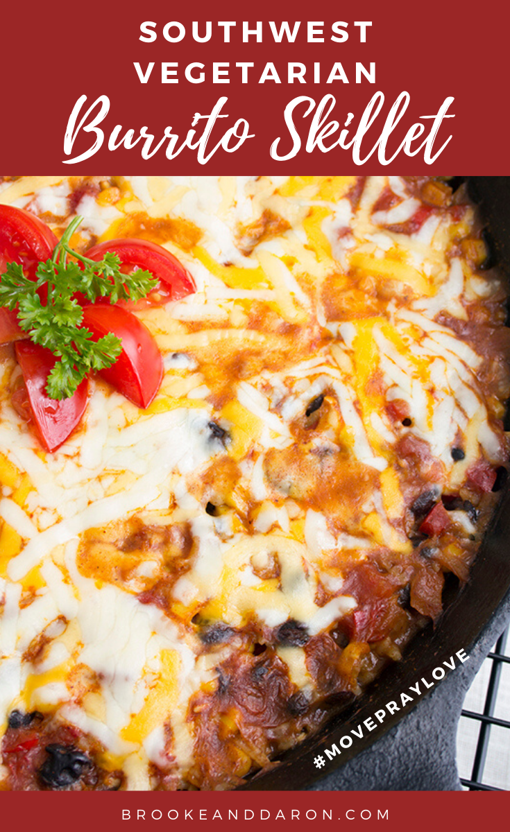 Cast iron skillet with vegetables and cheese