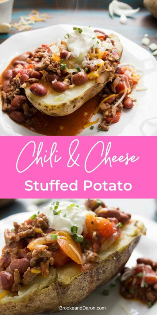 Stuffed potato with chili cheese and sour cream on a white plate