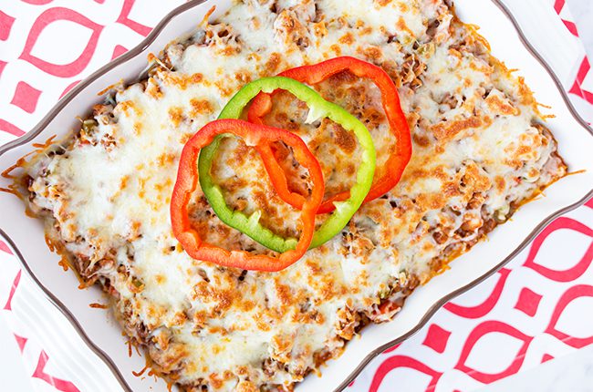 Overhead picture of a casserole dish filled with stuffed pepper casserole