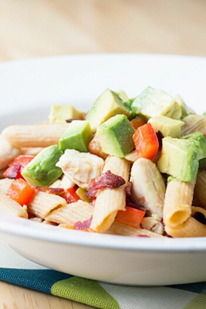 White bowl of chicken pasta with avocado and tomato