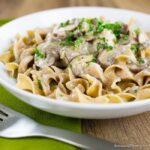 Chicken stroganoff in white bowl