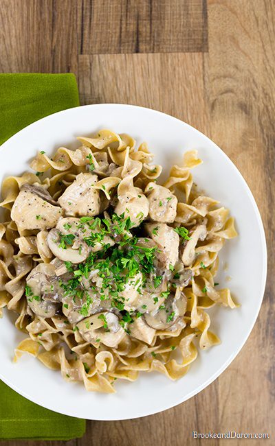 Overhead picture of white bowl of chicken and noodles