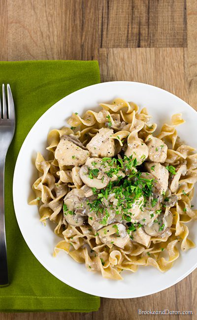 Overhead picture of white bowl of chicken and noodles