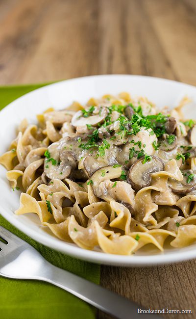 White bowl of chicken pasta with mushrooms