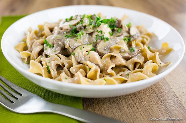 White bowl of chicken pasta with mushrooms