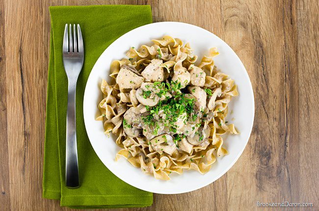 Overhead picture of white bowl of chicken and noodles