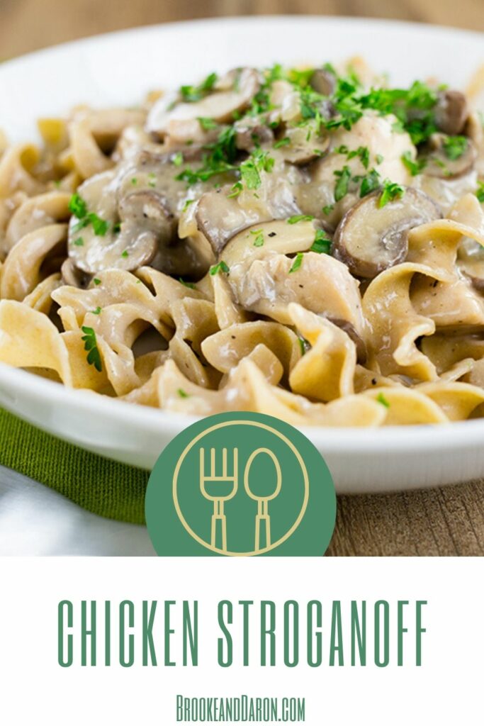 Chicken stroganoff with mushrooms in white bowl