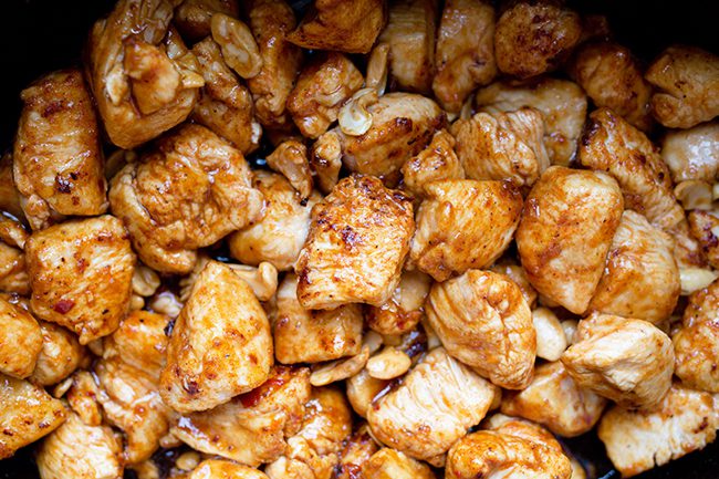 Close up image of cooked chicken for cashew chicken recipe