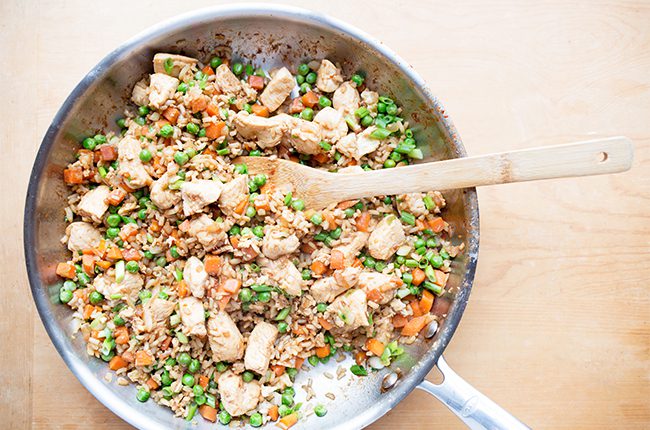 skinny chicken fried rice cooked in skillet