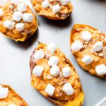 Twice baked sweet potatoes ready to go in the oven to bake