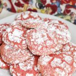 A white plate with several baked strawberry cake mix cookies