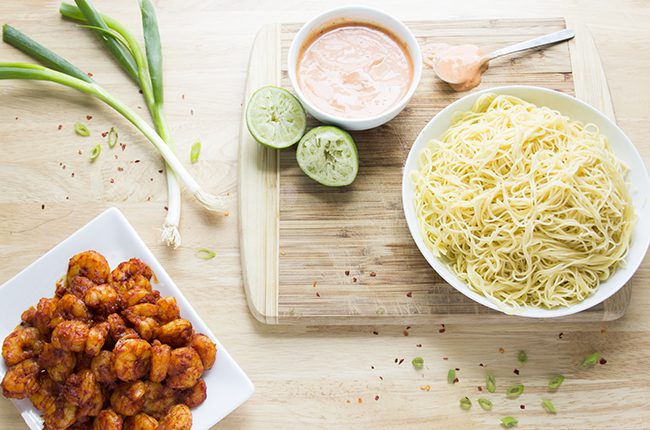 bang bang shrimp pasta overhead shot with ingredients