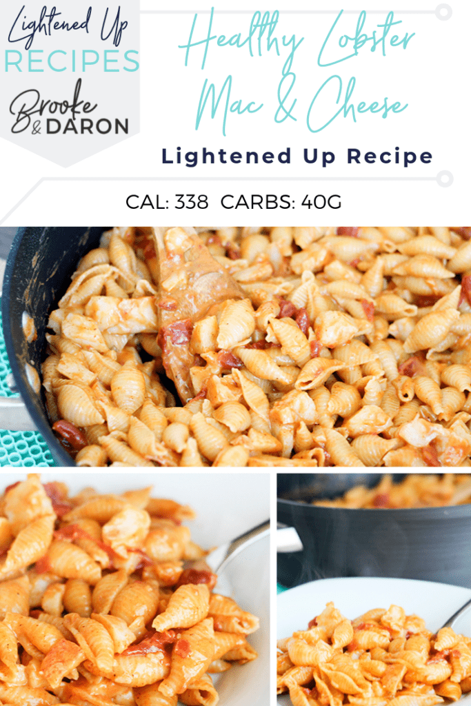 Collage image of healthy lobster mac and cheese recipe