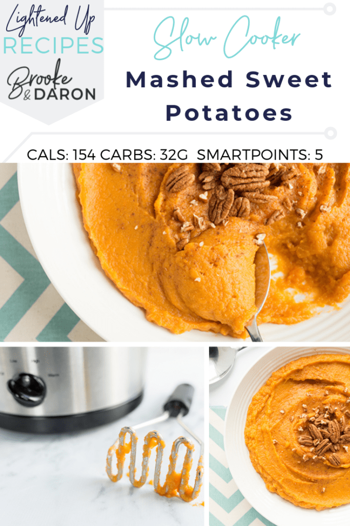 Collage of images of slow cooker mashed sweet potatoes recipe