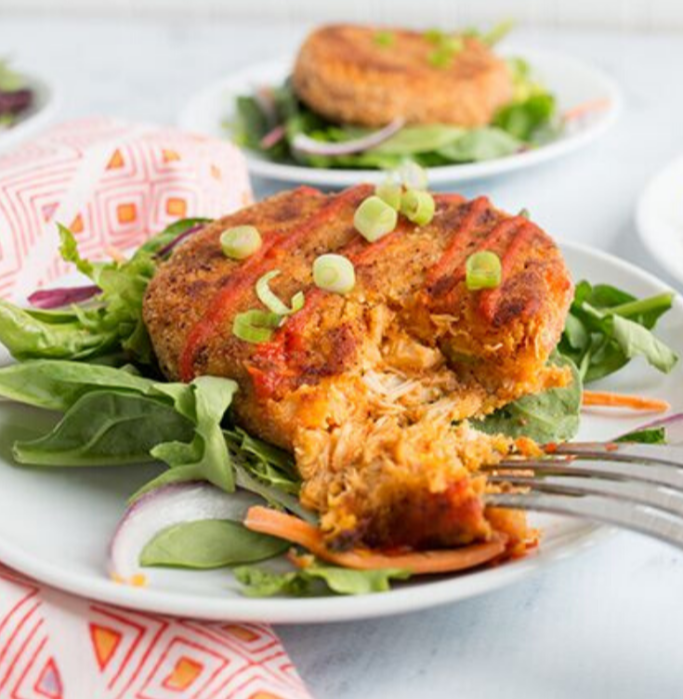 Sweet potato tuna cakes topped with green onions