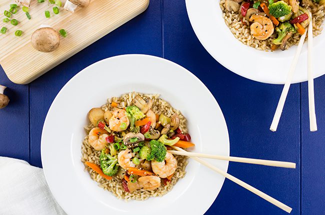 Vegetable Stir Fry with Shrimp overhead shot