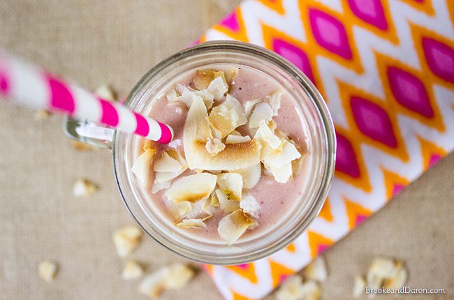 Pink smoothie in glass jar