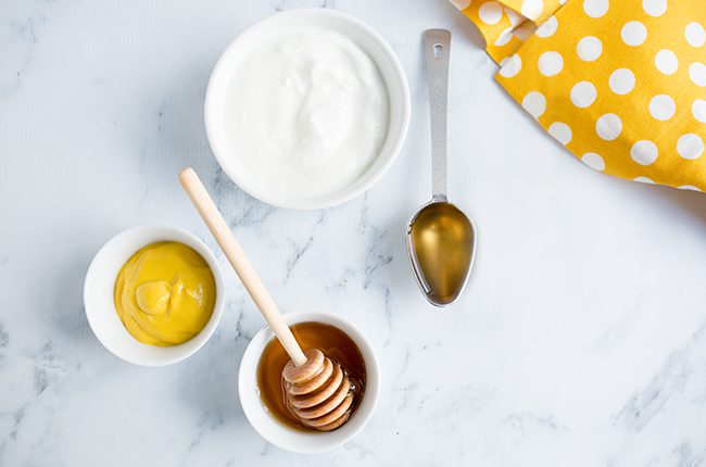 overhead shot of ingredients to make honey mustard dressing recipe