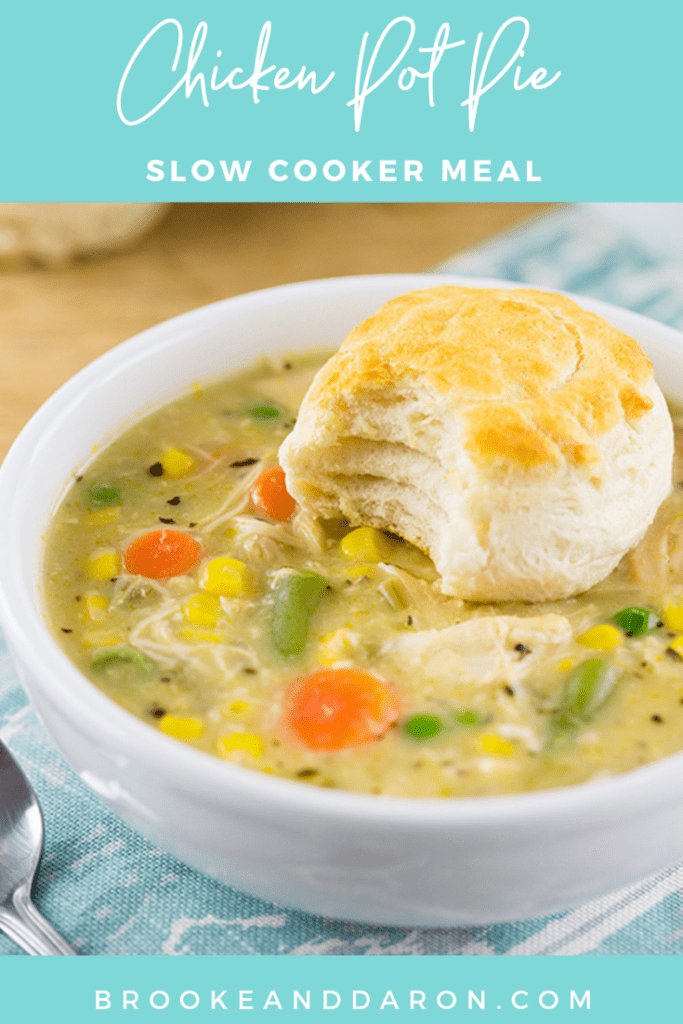 Large white bowl filled with slow cooker chicken pot pie