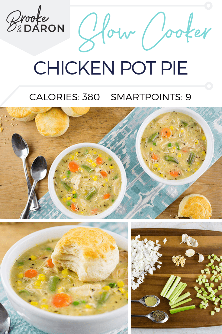 Collage image of slow cooker chicken pot pie in a white bowl