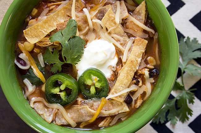 The Best Slow Cooker Chicken Tortilla Soup overhead shot