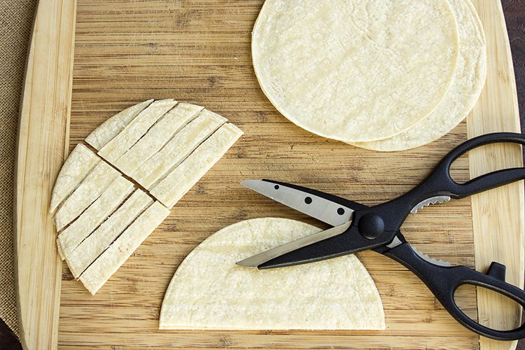 tortillas cut into strips with kitchen scissors