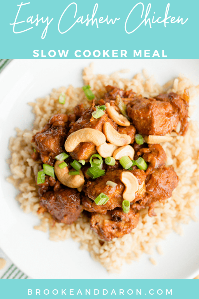 overhead picture of a plate with slow cooker cashew chicken recipe over rice