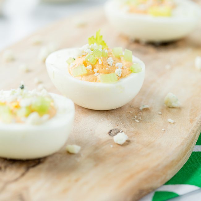 close up of buffalo style deviled eggs