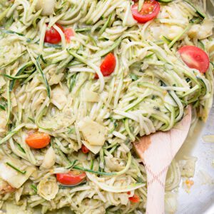Overhead close up picture of avocado pasta creamy zoodles recipe