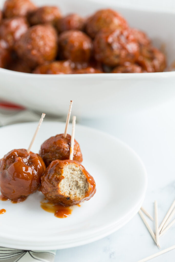 Close up picture of bbq bourbon glazed meatball