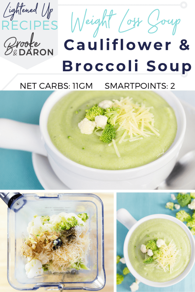 Collage image of broccoli and cauliflower soup in white bowl