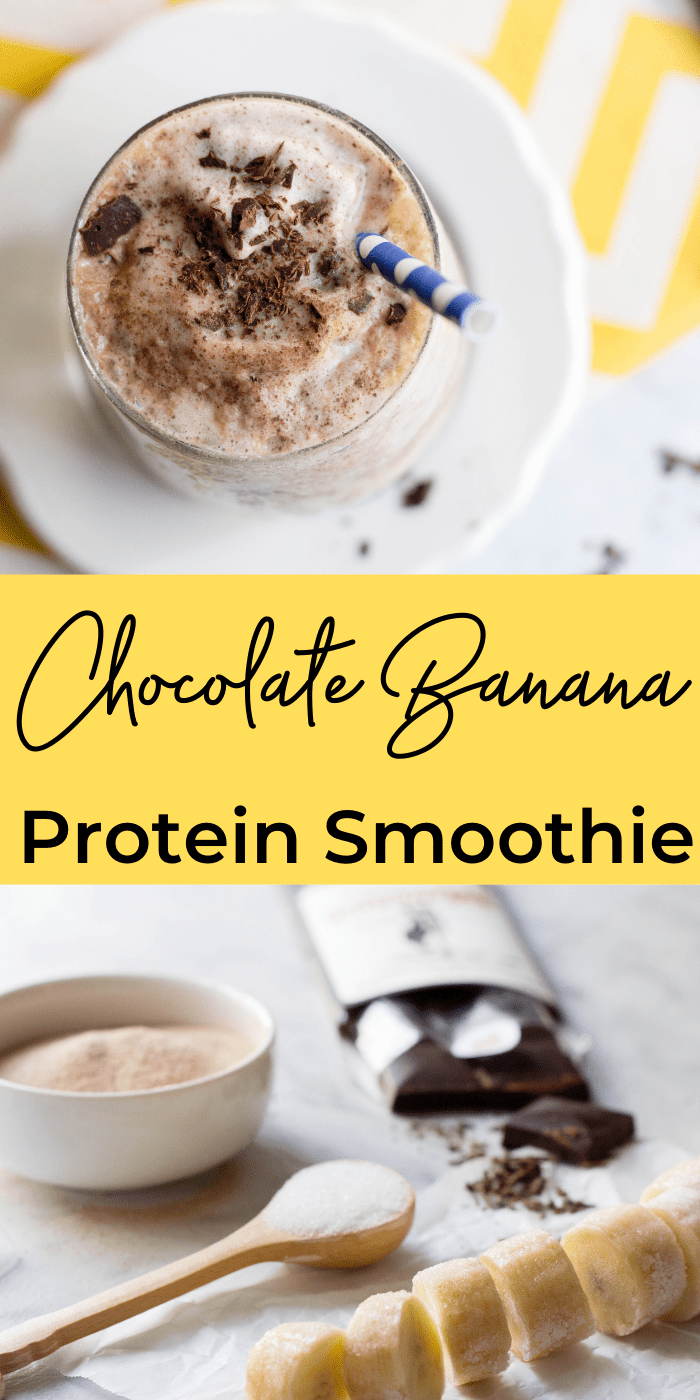 Collage image of chocolate banana protein smoothie