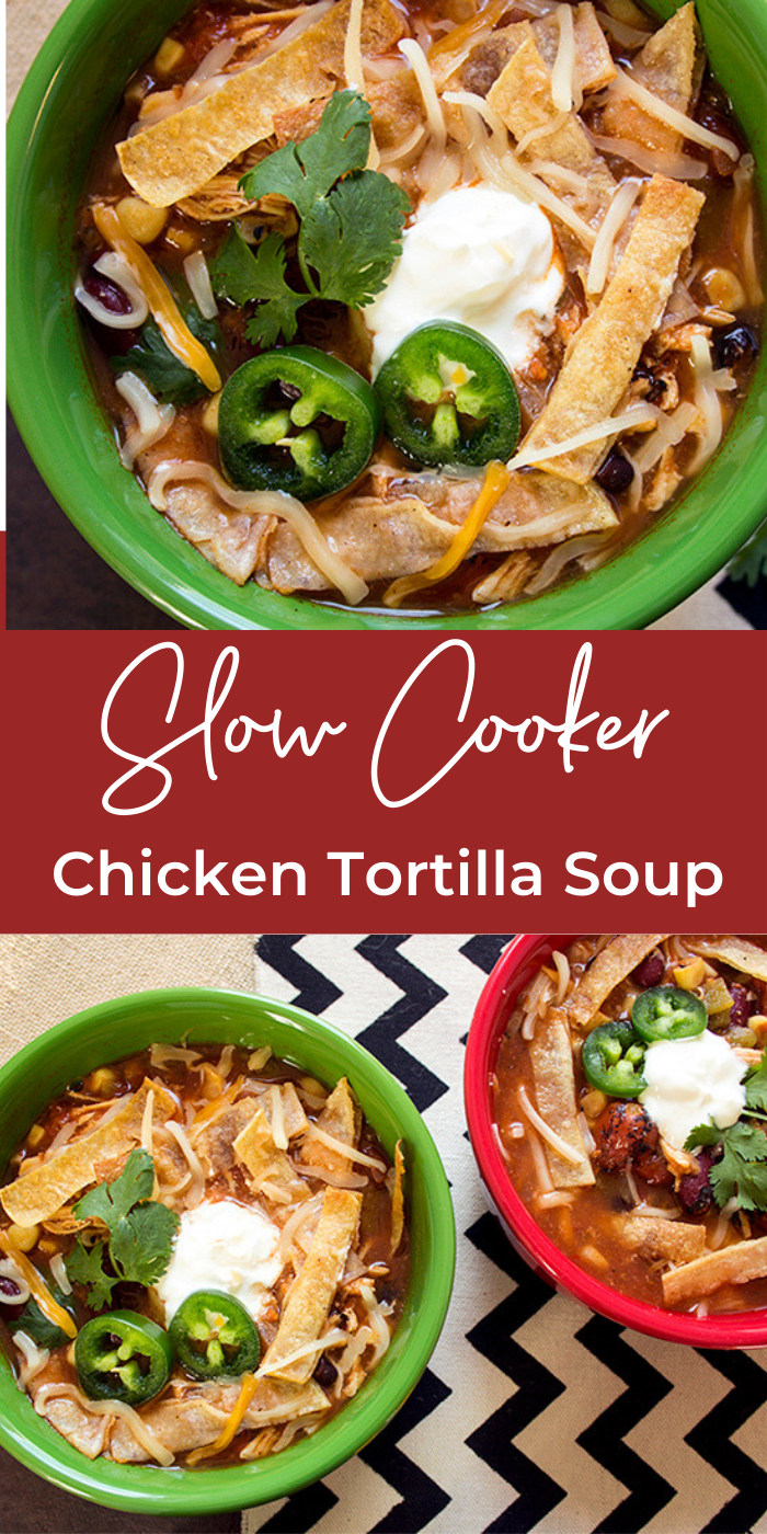 Collage image of slow cooker chicken tortilla soup