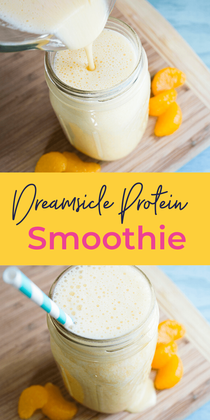 Collage picture of a Dreamsicle Protein Smoothie in mason jar