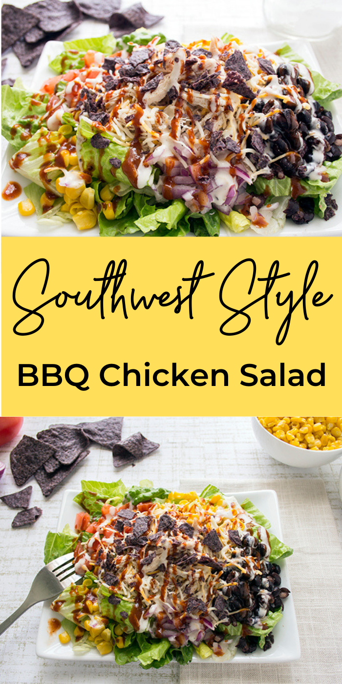 Collage picture of bbq chicken salad on a white plate