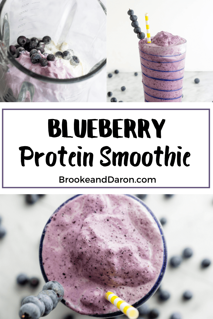 Collage picture of blueberry protein smoothie in tall glass