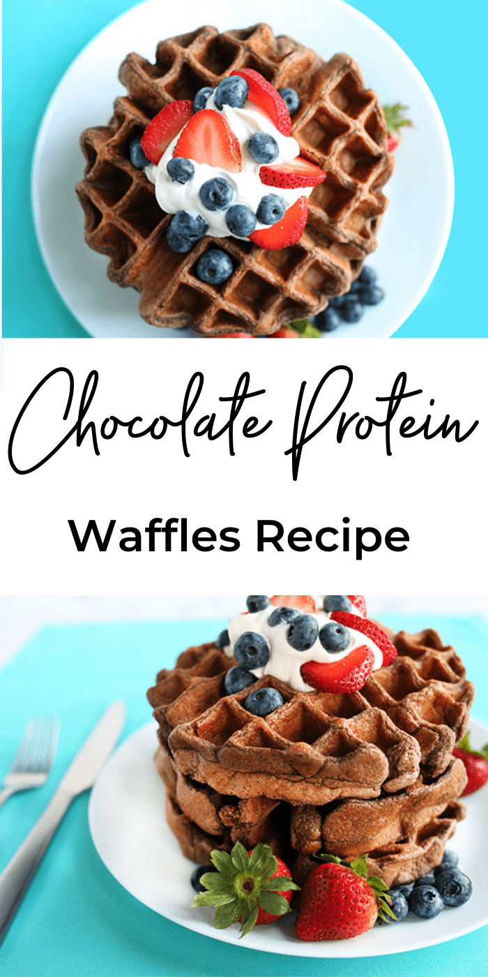 Collage picture of chocolate protein waffles recipe sitting on white plate on teal cloth