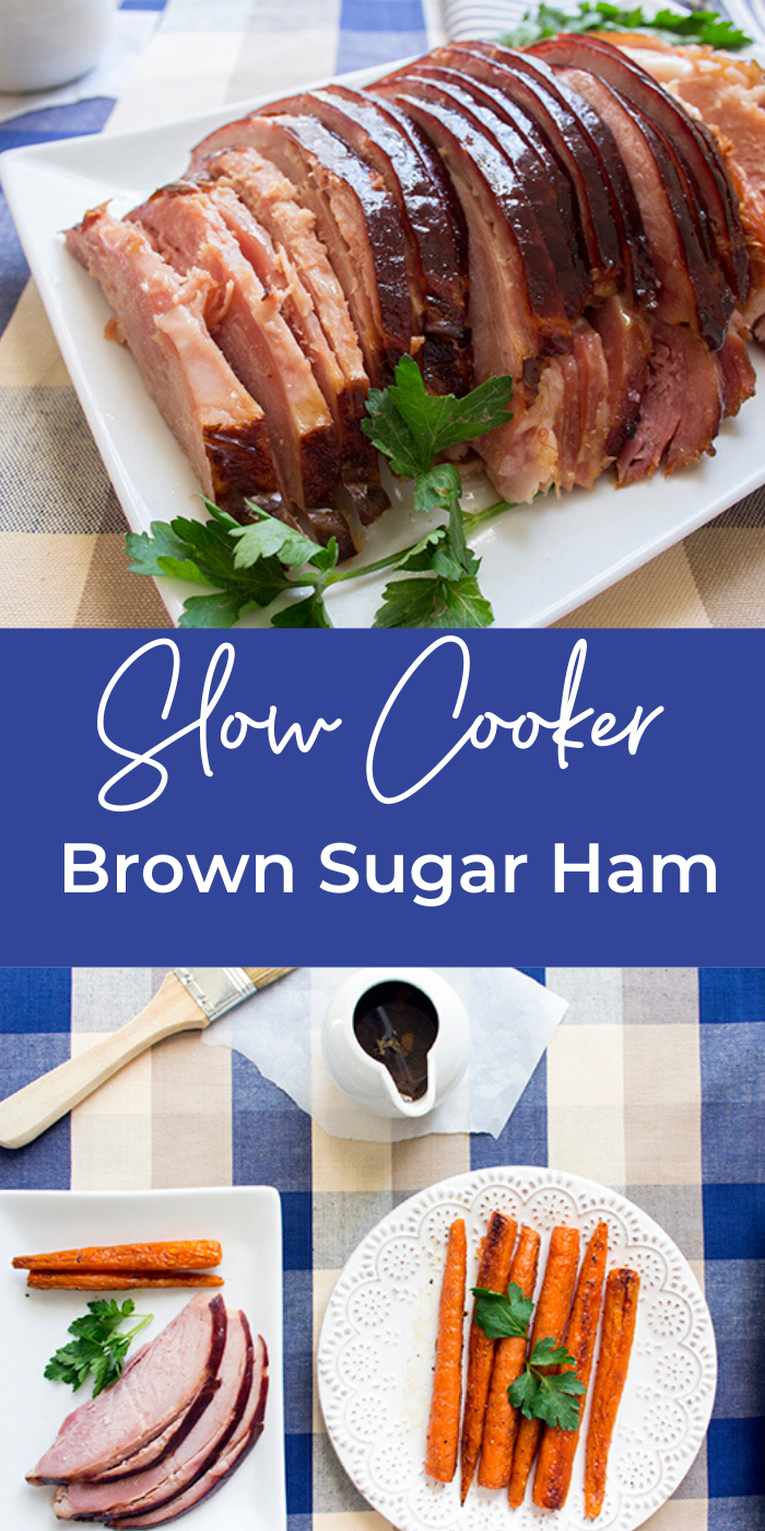 Collage picture of slow cooker ham with brown sugar plated to serve