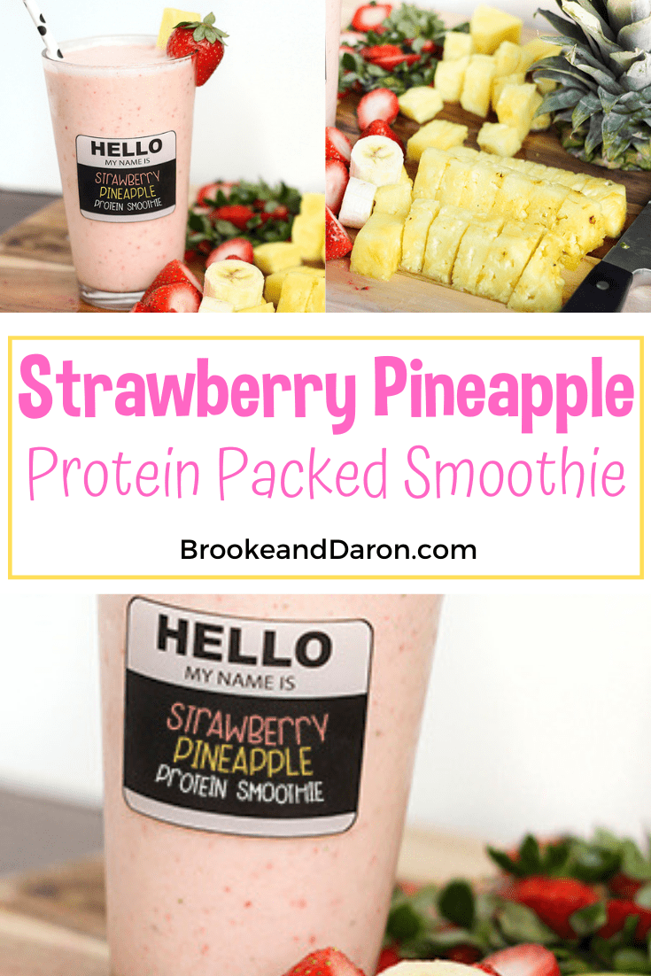 Collage picture of strawberry pineapple smoothie recipe