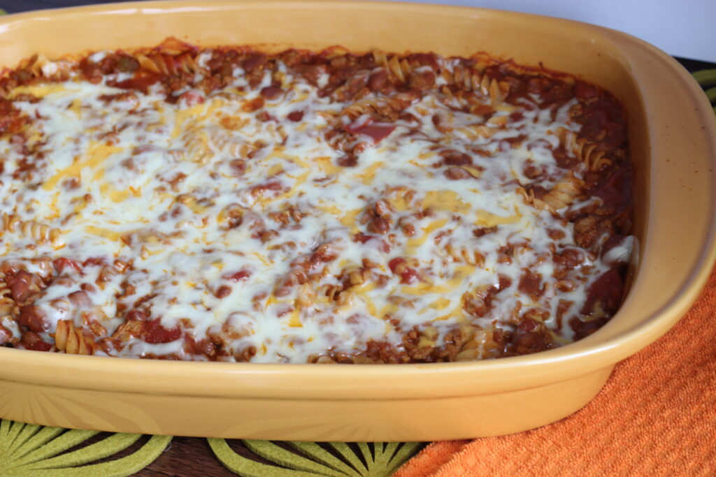 Healthier chili mac recipe prepared and in baking dish to be served