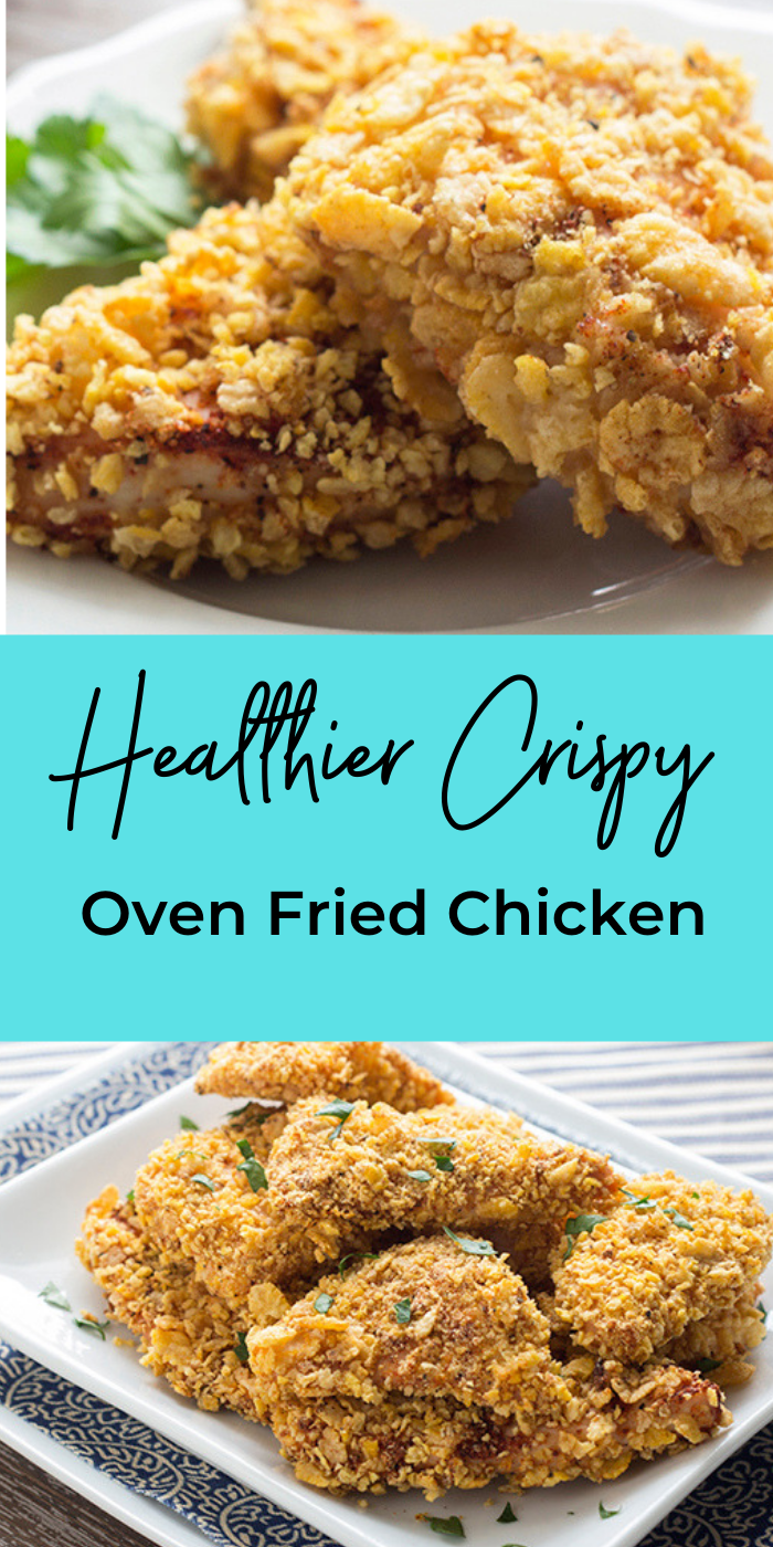 Healthier oven fried chicken breast pieces on white plates