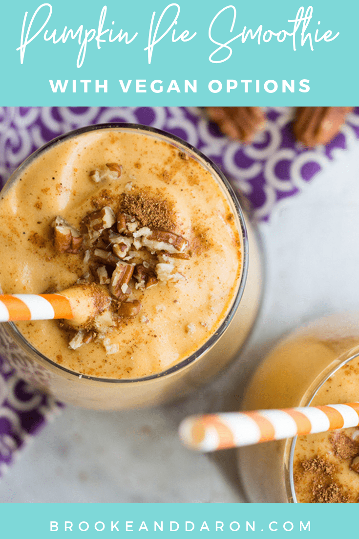 Overhead picture of a pumpkin smoothie topped with chopped pecans