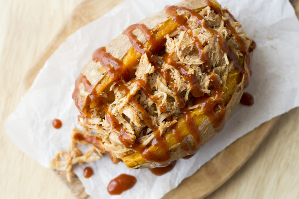 Overhead picture of a stuffed sweet potato