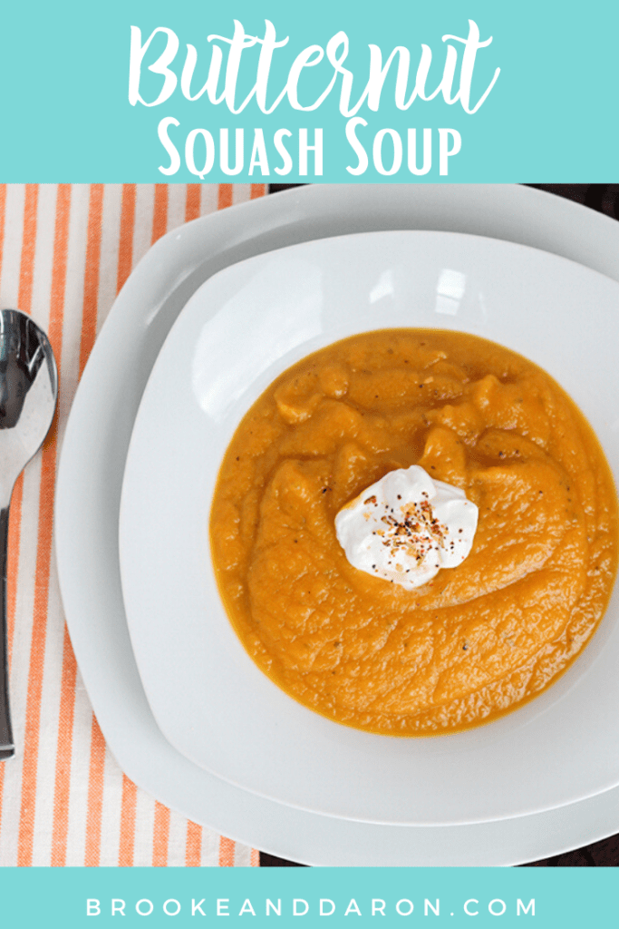 Overhead picture of a white bowl filled with squash soup recipe