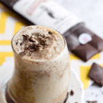 Tall glass filled with chocolate banana protein shake recipe