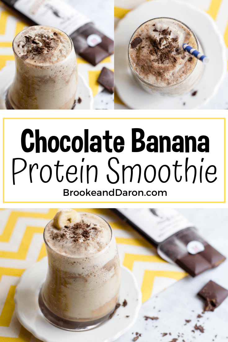 collage picture of banana and chocolate protein smoothie recipe in glass