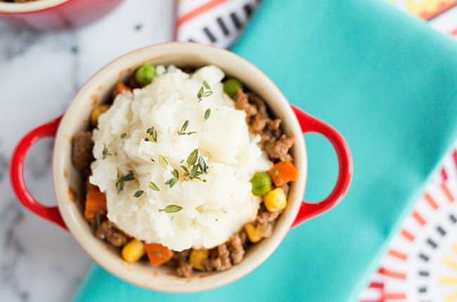 An overhead picture of the best shepherds pie in a mini crock