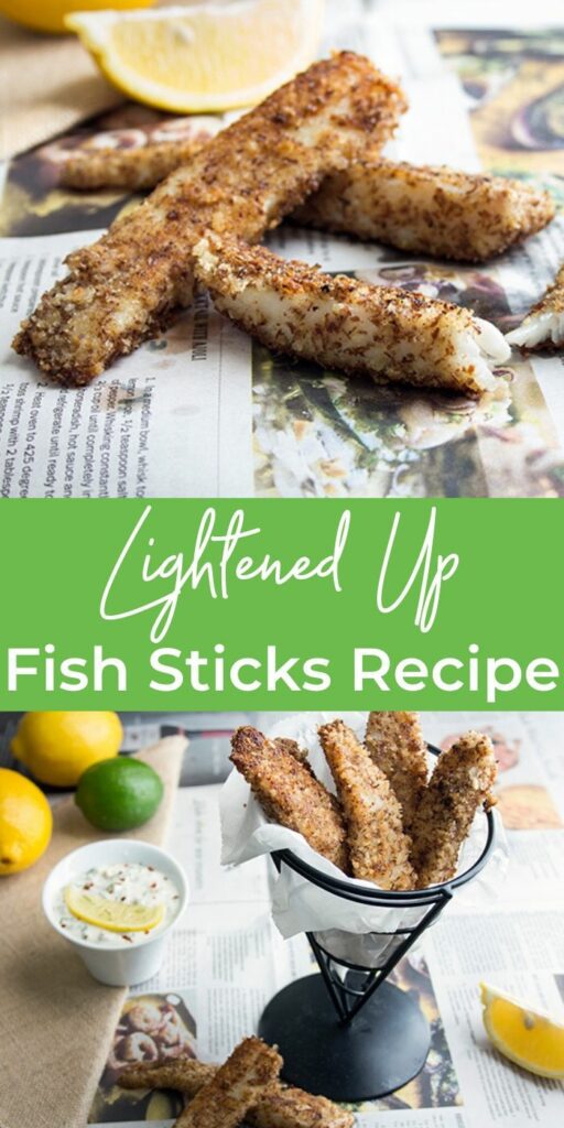 Collage picture of fish sticks recipe on newspaper with lemon and tartar sauce